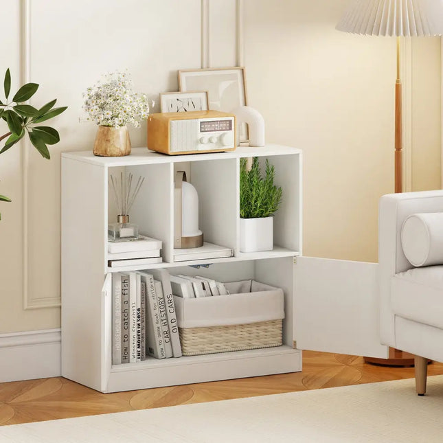 3-Cube Bookcase with Doors 3-Tier Cubic Bookshelf with Open Compartments and Cabinet-White Costway