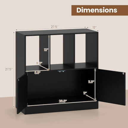 3-Cube Bookcase with Doors 3-Tier Cubic Bookshelf with Open Compartments and Cabinet-Black Costway