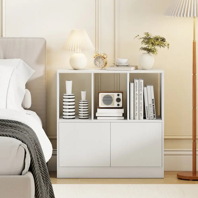 3-Cube Bookcase with Doors 3-Tier Cubic Bookshelf with Open Compartments and Cabinet-White Costway