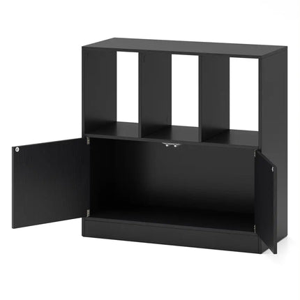 3-Cube Bookcase with Doors 3-Tier Cubic Bookshelf with Open Compartments and Cabinet-Black Costway