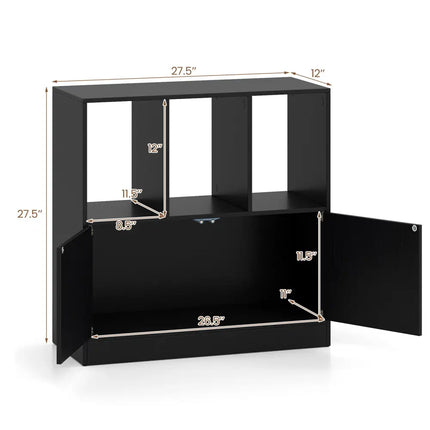3-Cube Bookcase with Doors 3-Tier Cubic Bookshelf with Open Compartments and Cabinet-Black Costway