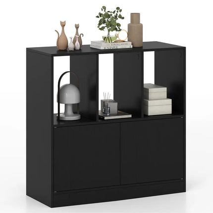3-Cube Bookcase with Doors 3-Tier Cubic Bookshelf with Open Compartments and Cabinet-Black Costway