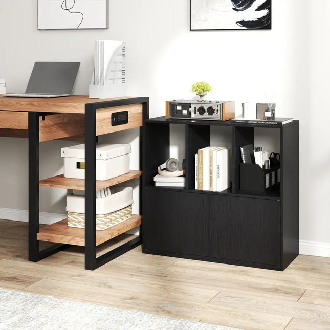 3-Cube Bookcase with Doors 3-Tier Cubic Bookshelf with Open Compartments and Cabinet-Black Costway