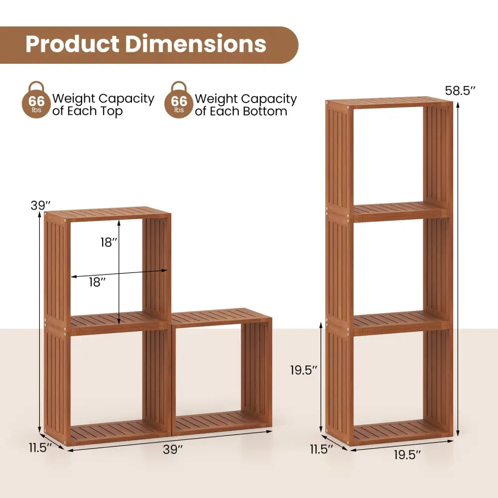 3 Cube Bookcases Solid Wood Stacking Storage Organizers with Open Slatted Design - Teak - Bookcases