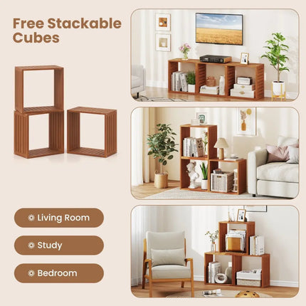 3 Cube Bookcases Solid Wood Stacking Storage Organizers with Open Slatted Design Costway