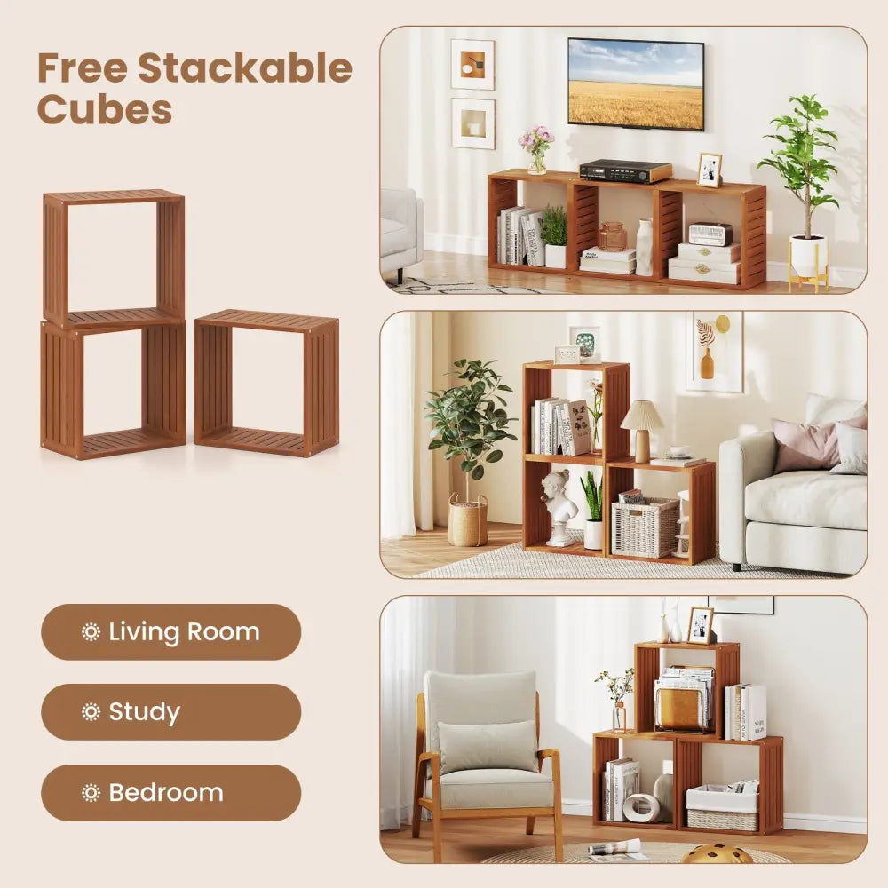 3 Cube Bookcases Solid Wood Stacking Storage Organizers with Open Slatted Design - Teak - Bookcases