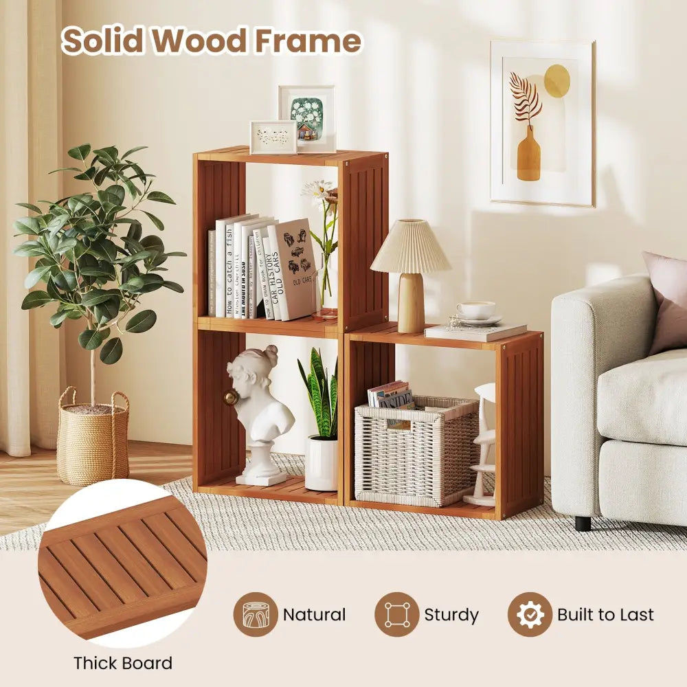 3 Cube Bookcases Solid Wood Stacking Storage Organizers with Open Slatted Design - Teak - Bookcases