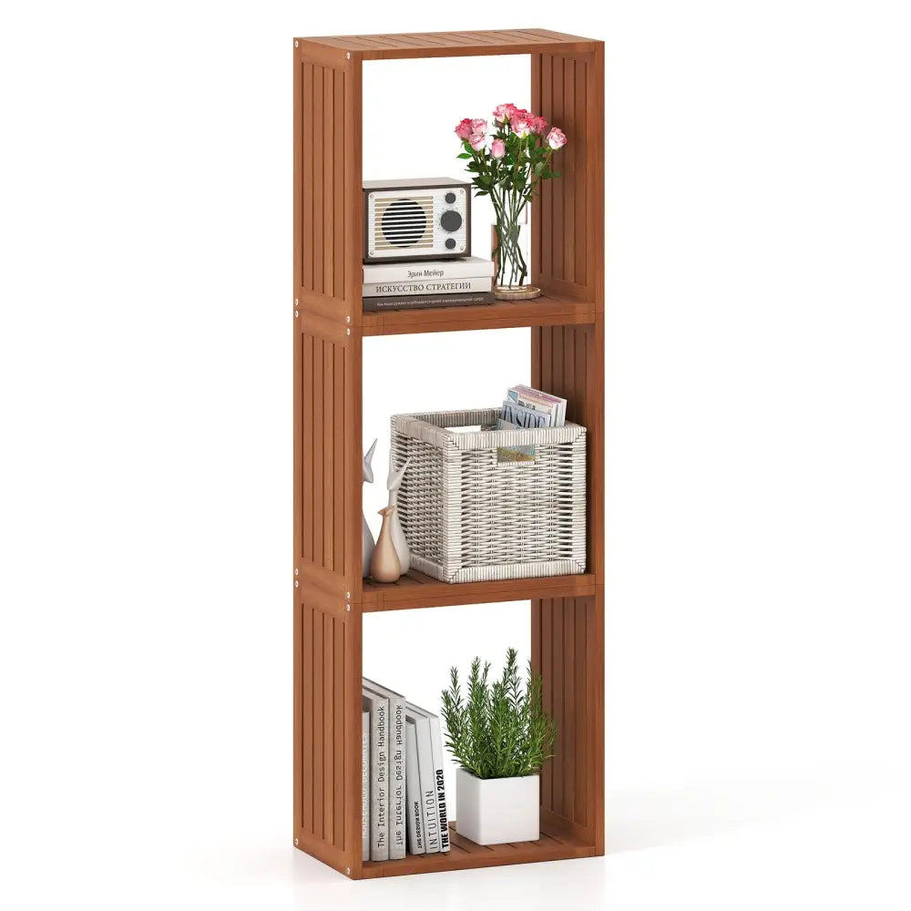 3 Cube Bookcases Solid Wood Stacking Storage Organizers with Open Slatted Design - Teak - Bookcases