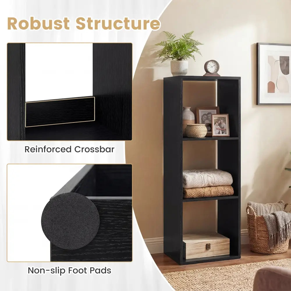 3 Cube Bookshelf with Back Guardrail for Living Room Bedroom-Black - Black - Bookcases