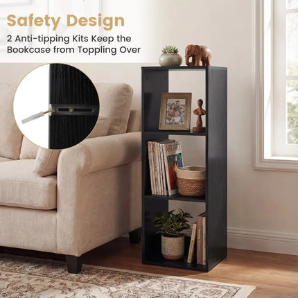 3 Cube Bookshelf with Back Guardrail for Living Room Bedroom-Black Costway