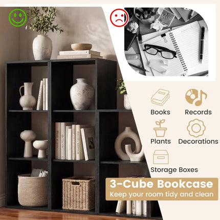3 Cube Bookshelf with Back Guardrail for Living Room Bedroom-Black Costway