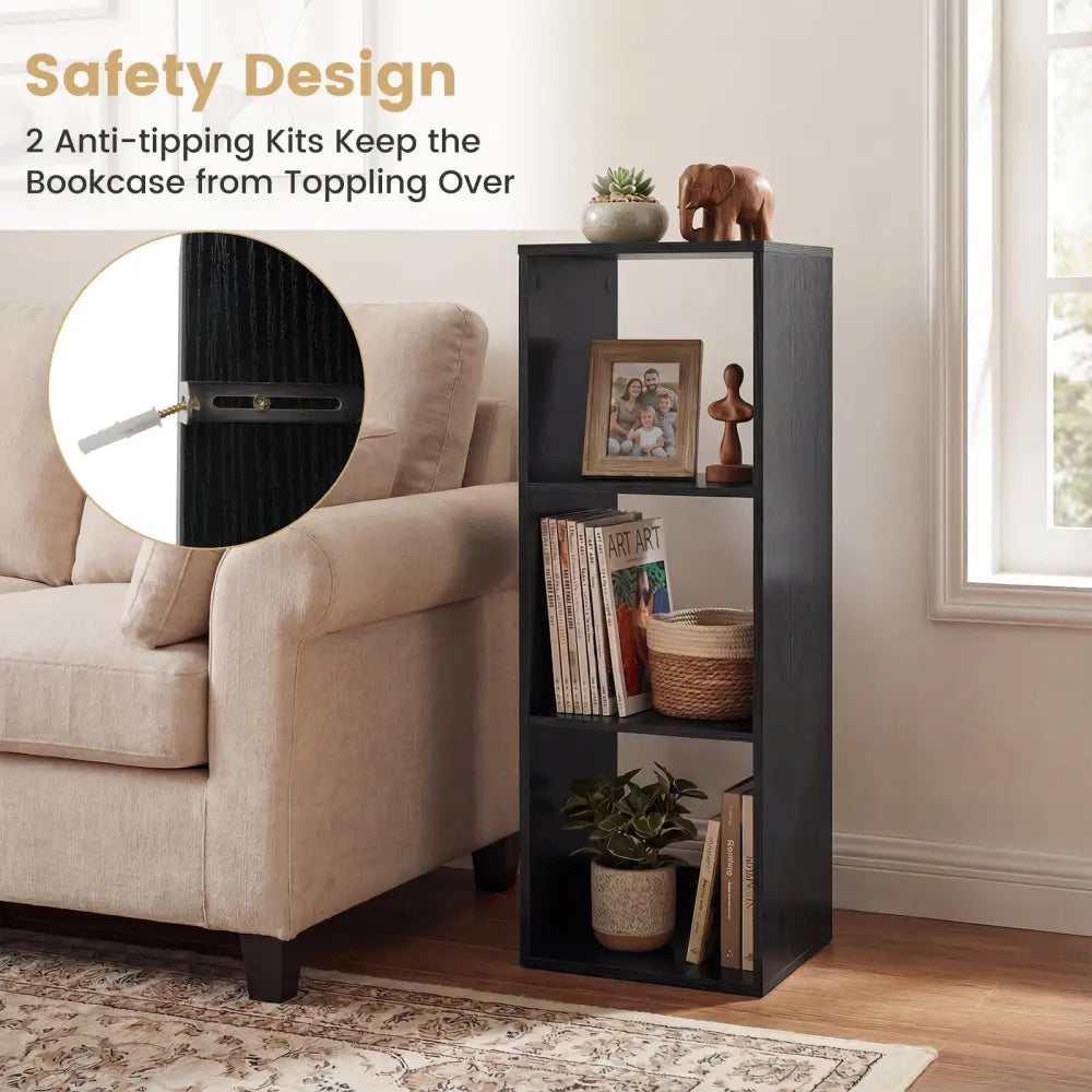 3 Cube Bookshelf with Back Guardrail for Living Room Bedroom-Black - Black - Bookcases