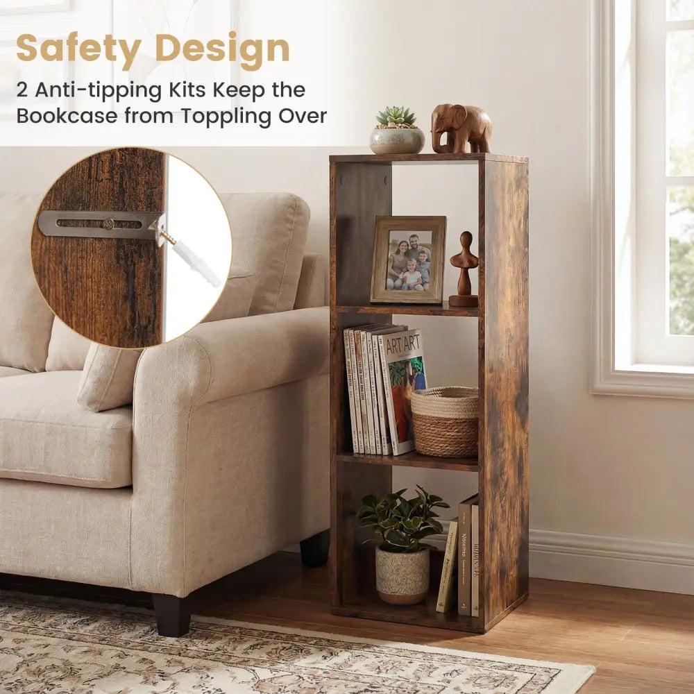 3 Cube Bookshelf with Back Guardrail for Living Room Bedroom-Brown - Brown - Bookcases