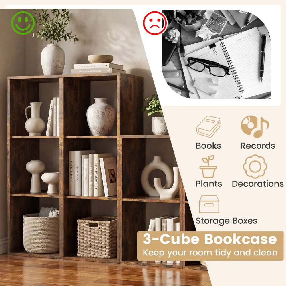 3 Cube Bookshelf with Back Guardrail for Living Room Bedroom-Brown - Brown - Bookcases
