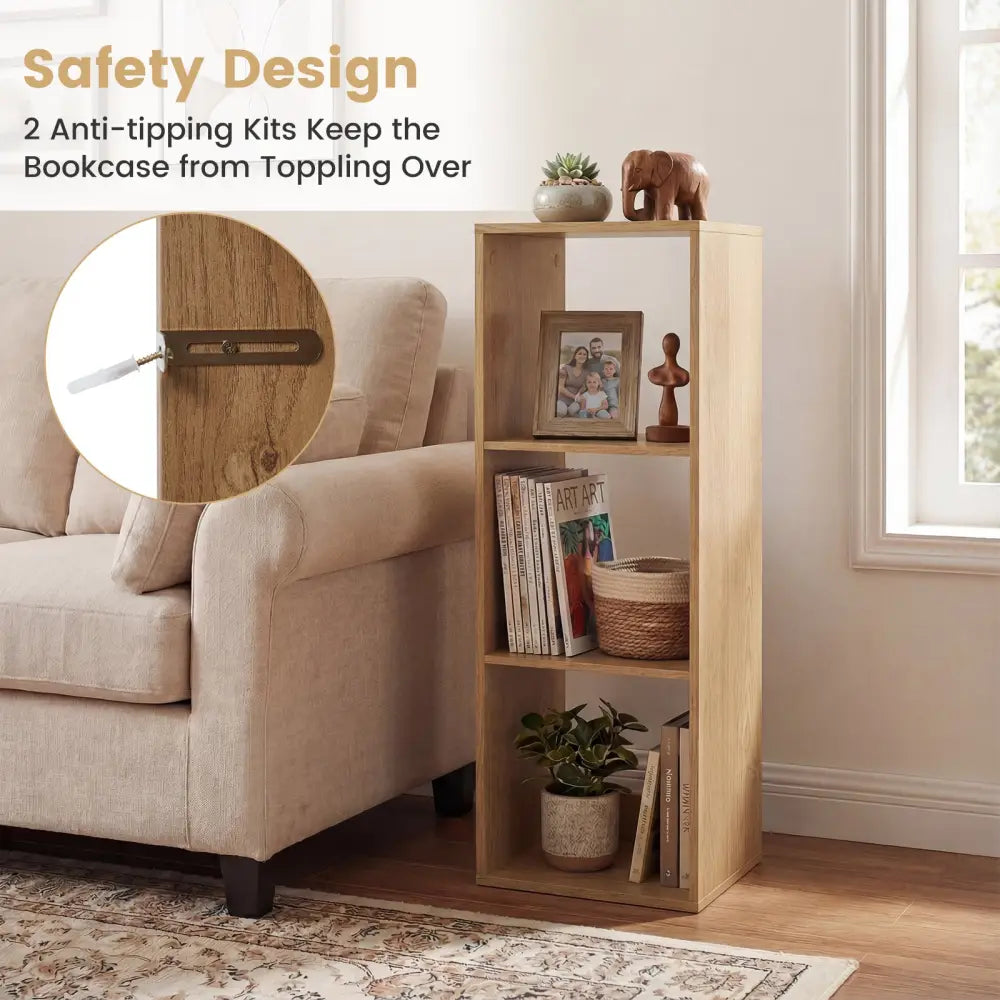 3 Cube Bookshelf with Back Guardrail for Living Room Bedroom-Natrual - Natural - Bookcases