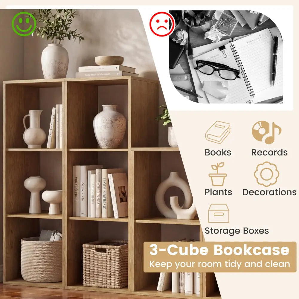 3 Cube Bookshelf with Back Guardrail for Living Room Bedroom-Natrual - Natural - Bookcases