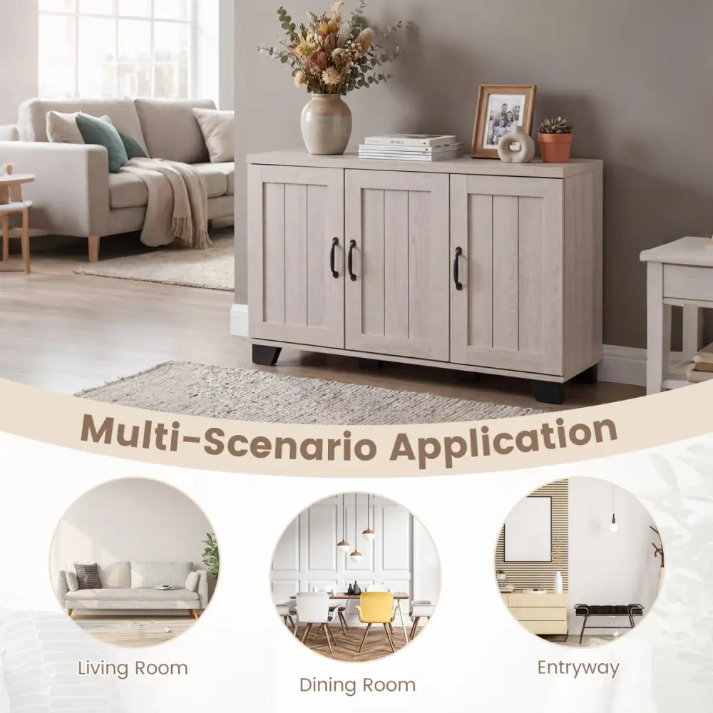 3-Door Buffet Sideboard with Adjustable Shelves and Anti-Tipping Kits-White Wash - White - Sideboards Cabinets & Buffets