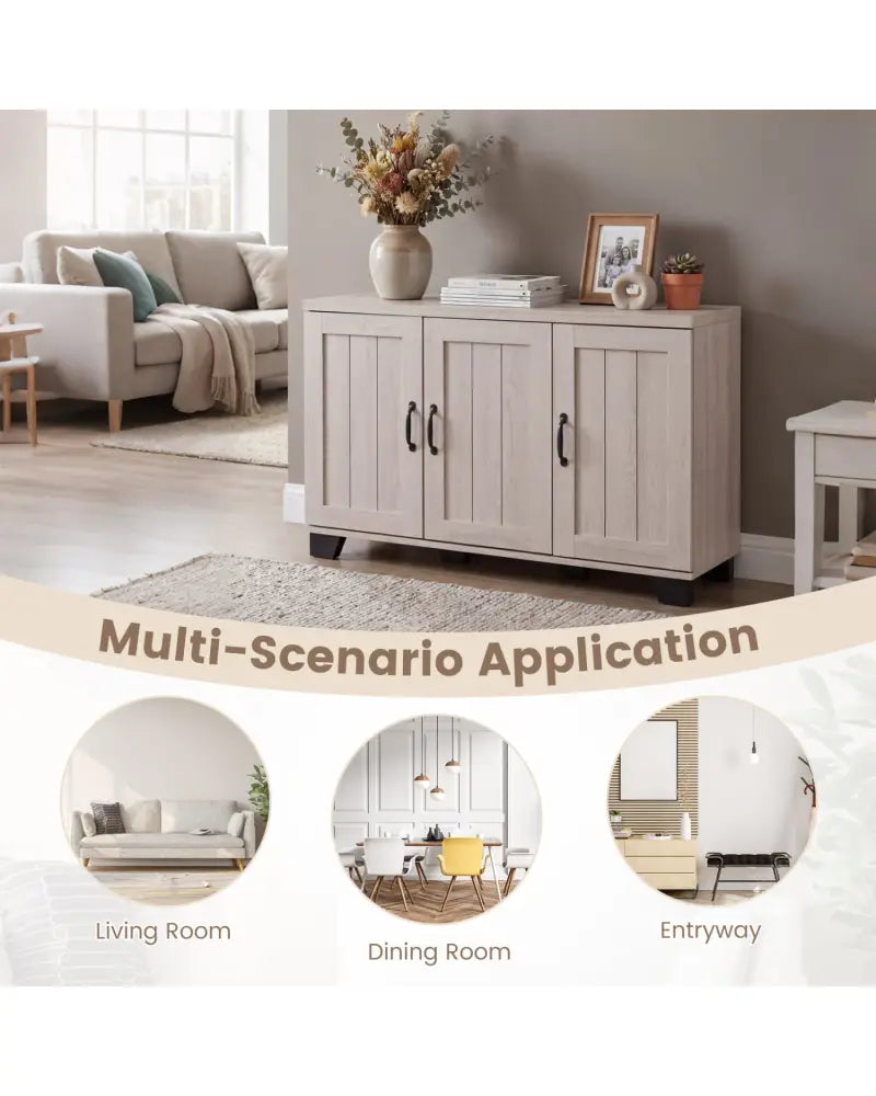3-Door Buffet Sideboard with Adjustable Shelves and Anti-Tipping Kits-White Wash - White - Sideboards Cabinets & Buffets
