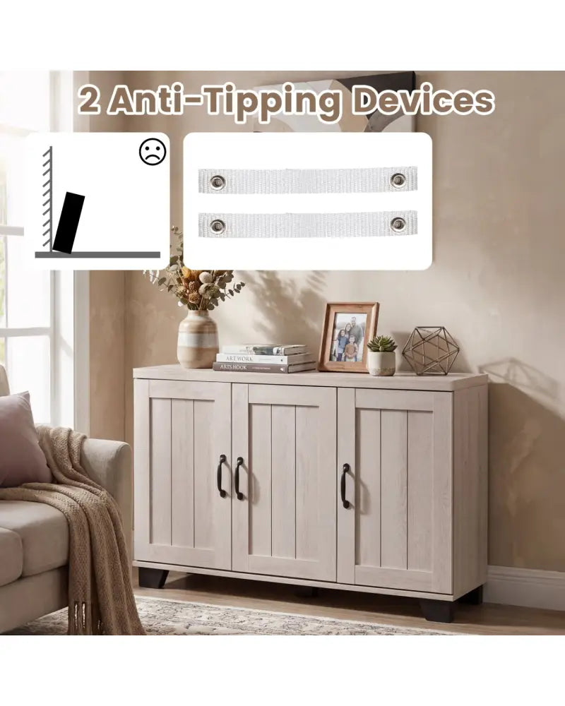 3-Door Buffet Sideboard with Adjustable Shelves and Anti-Tipping Kits-White Wash - White - Sideboards Cabinets & Buffets