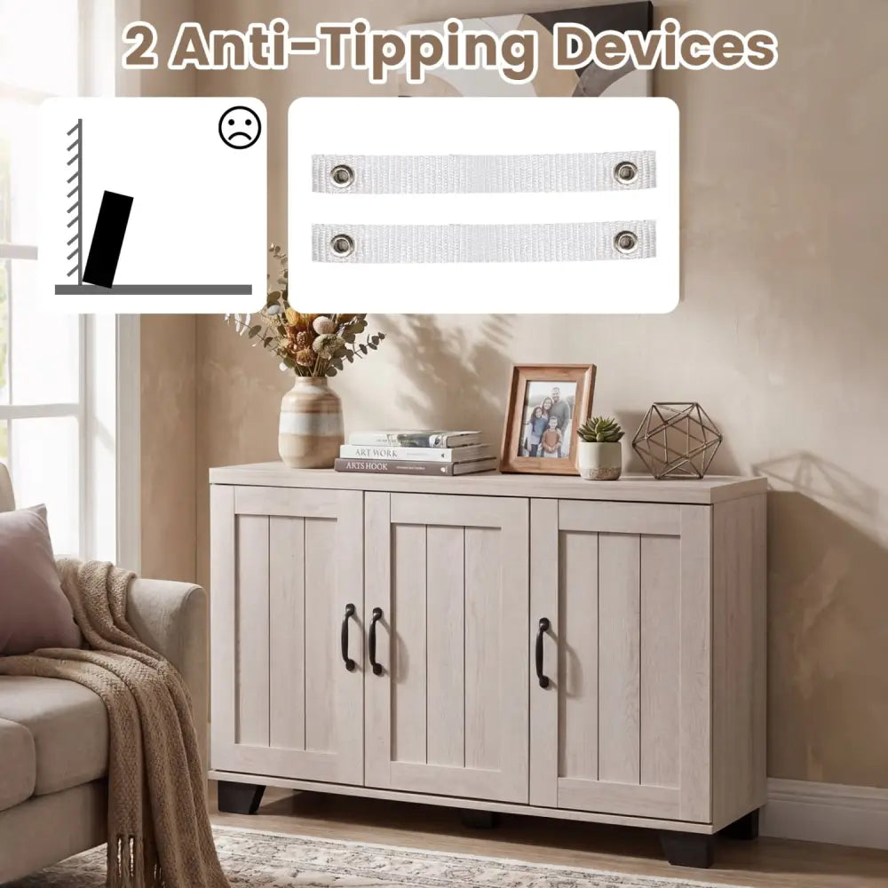 3-Door Buffet Sideboard with Adjustable Shelves and Anti-Tipping Kits-White Wash - White - Sideboards Cabinets & Buffets