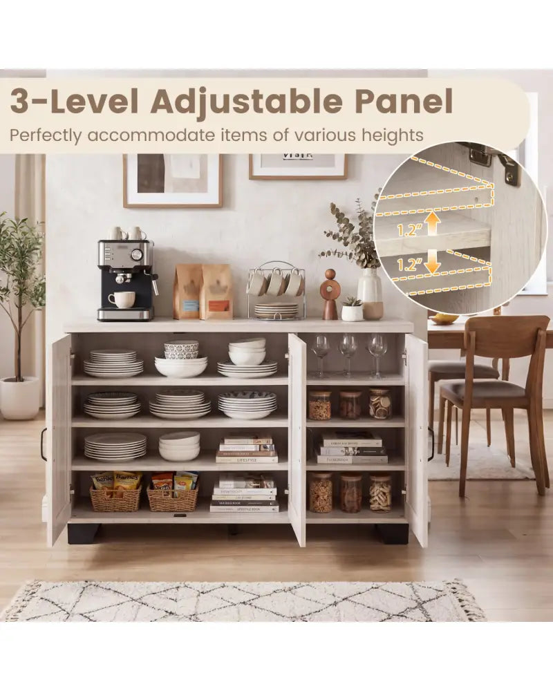 3-Door Buffet Sideboard with Adjustable Shelves and Anti-Tipping Kits-White Wash - White - Sideboards Cabinets & Buffets