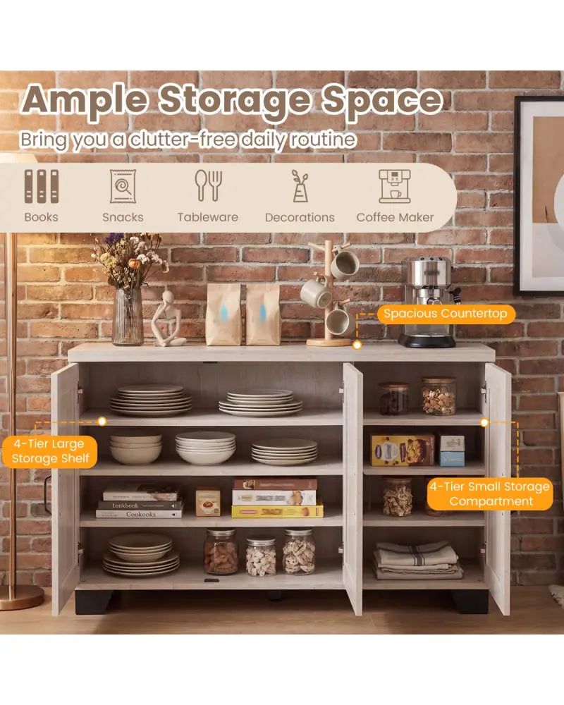 3-Door Buffet Sideboard with Adjustable Shelves and Anti-Tipping Kits-White Wash - White - Sideboards Cabinets & Buffets