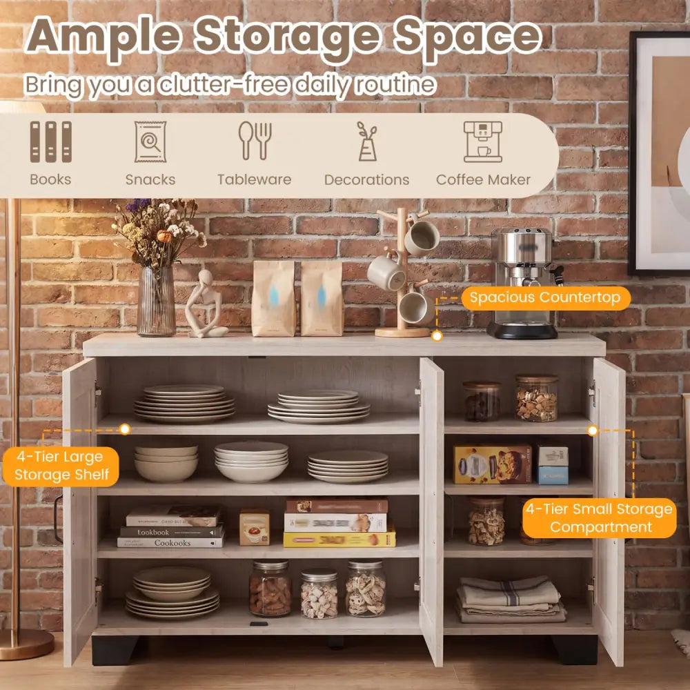 3-Door Buffet Sideboard with Adjustable Shelves and Anti-Tipping Kits-White Wash - White - Sideboards Cabinets & Buffets