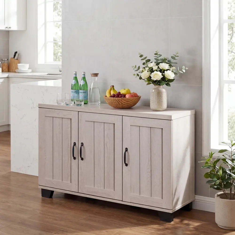 3-Door Buffet Sideboard with Adjustable Shelves and Anti-Tipping Kits-White Wash - White - Sideboards Cabinets & Buffets