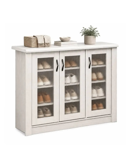 3-Door Shoe Cabinet with Removable Shelves Wooden Shoe Storage Organizer-White - White - Shoe Racks & Storage Benches