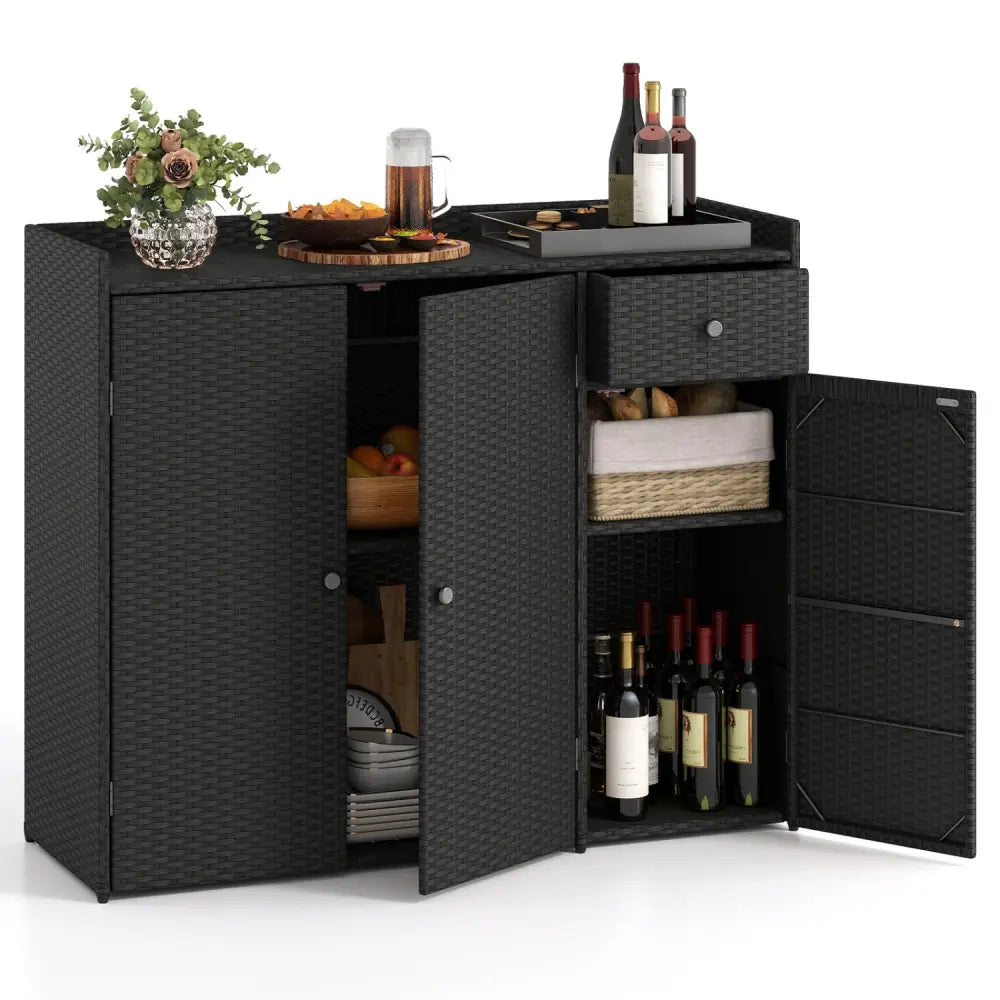 3 Doors Outdoor PE Wicker Storage Cabinet for Deck-Black - Black - Garages