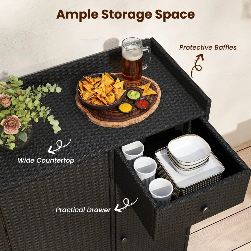 3 Doors Outdoor PE Wicker Storage Cabinet for Deck-Black - Black - Garages