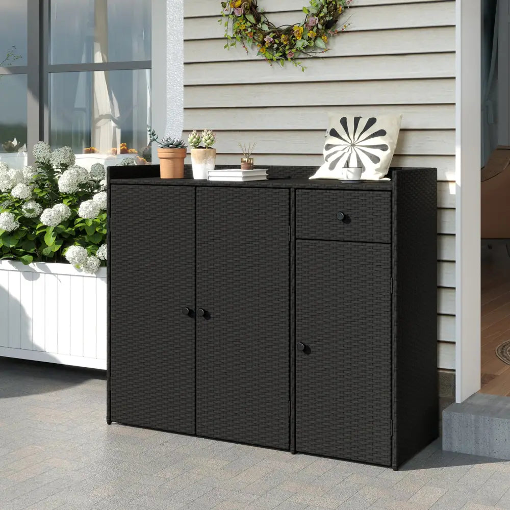 3 Doors Outdoor PE Wicker Storage Cabinet for Deck-Black - Black - Garages