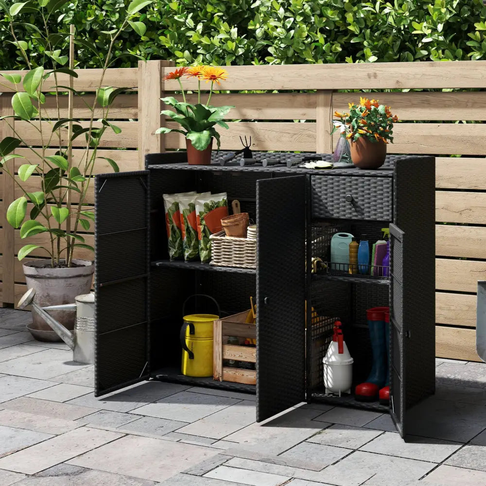 3 Doors Outdoor PE Wicker Storage Cabinet for Deck-Black - Black - Garages