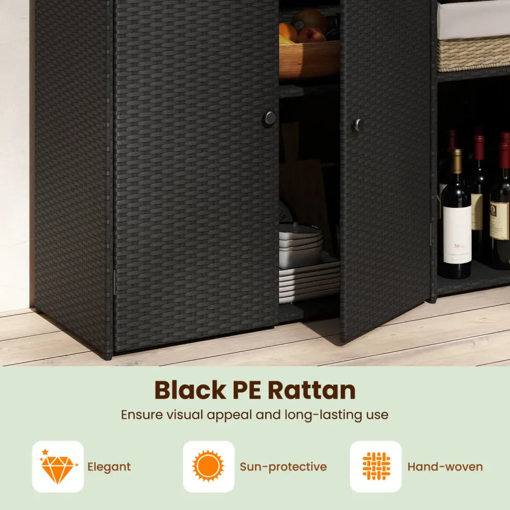 3 Doors Outdoor PE Wicker Storage Cabinet for Deck-Black - Black - Garages