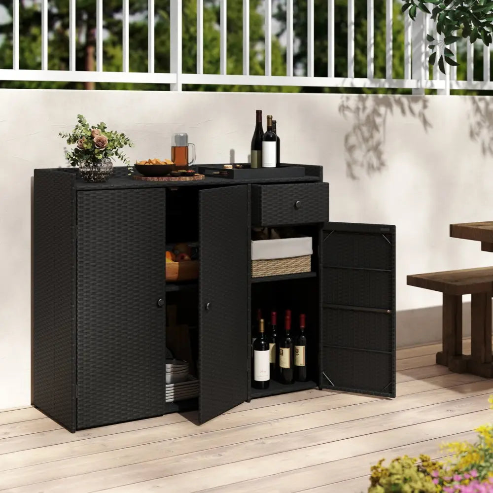 3 Doors Outdoor PE Wicker Storage Cabinet for Deck-Black - Black - Garages