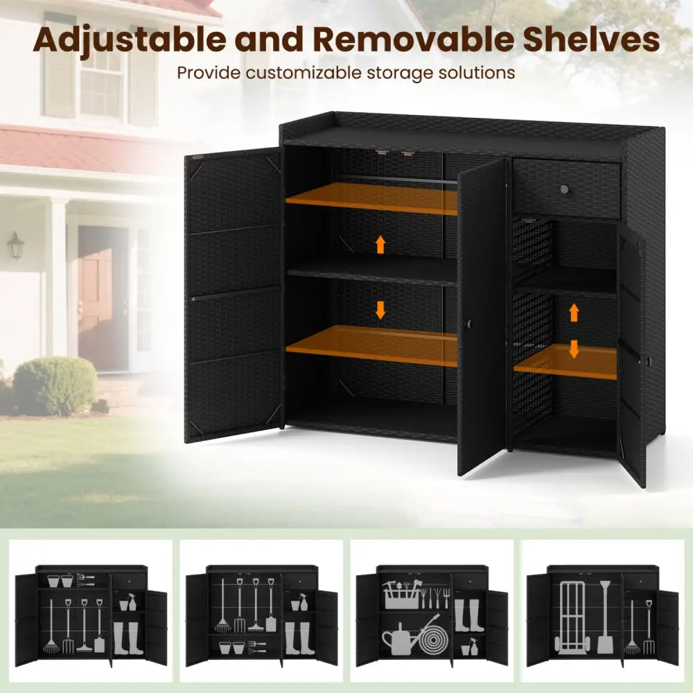 3 Doors Outdoor PE Wicker Storage Cabinet for Deck-Black - Black - Garages