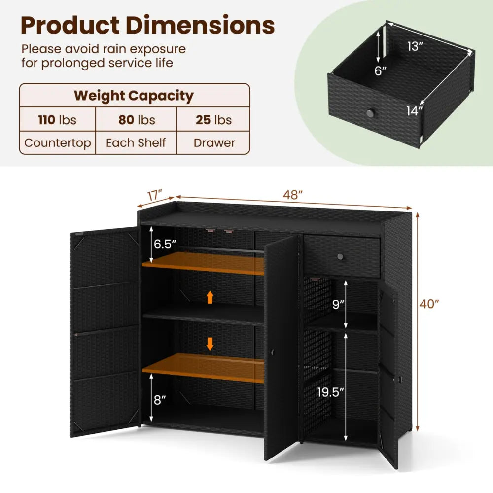 3 Doors Outdoor PE Wicker Storage Cabinet for Deck-Black - Black - Garages