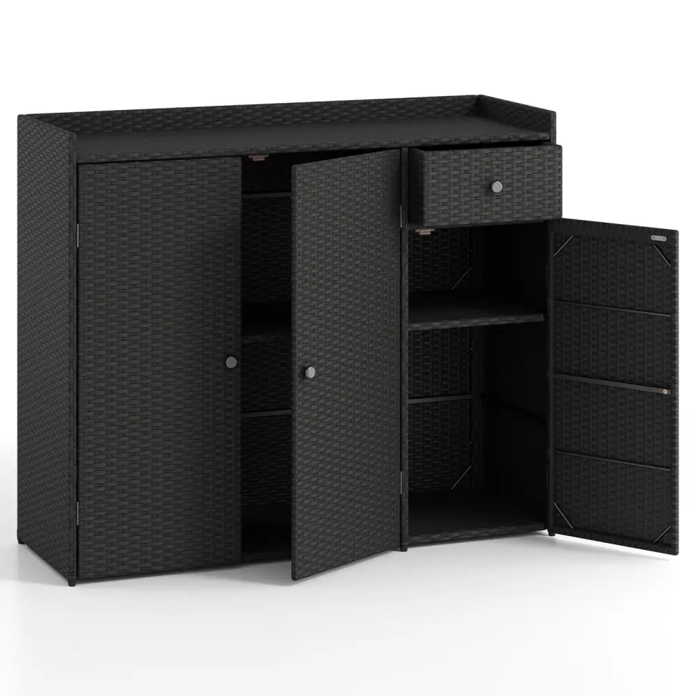 3 Doors Outdoor PE Wicker Storage Cabinet for Deck-Black - Black - Garages