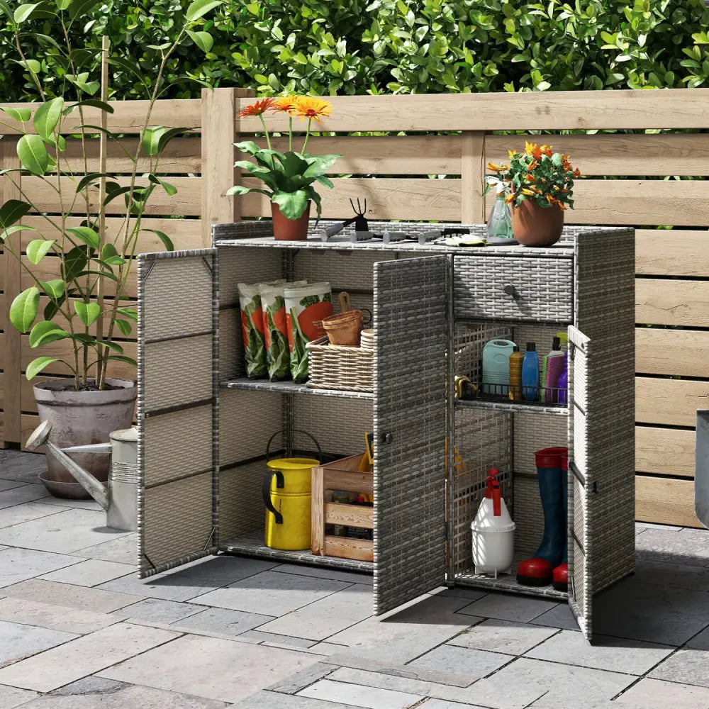 3 Doors Outdoor PE Wicker Storage Cabinet for Deck-Gray - Gray - Garages