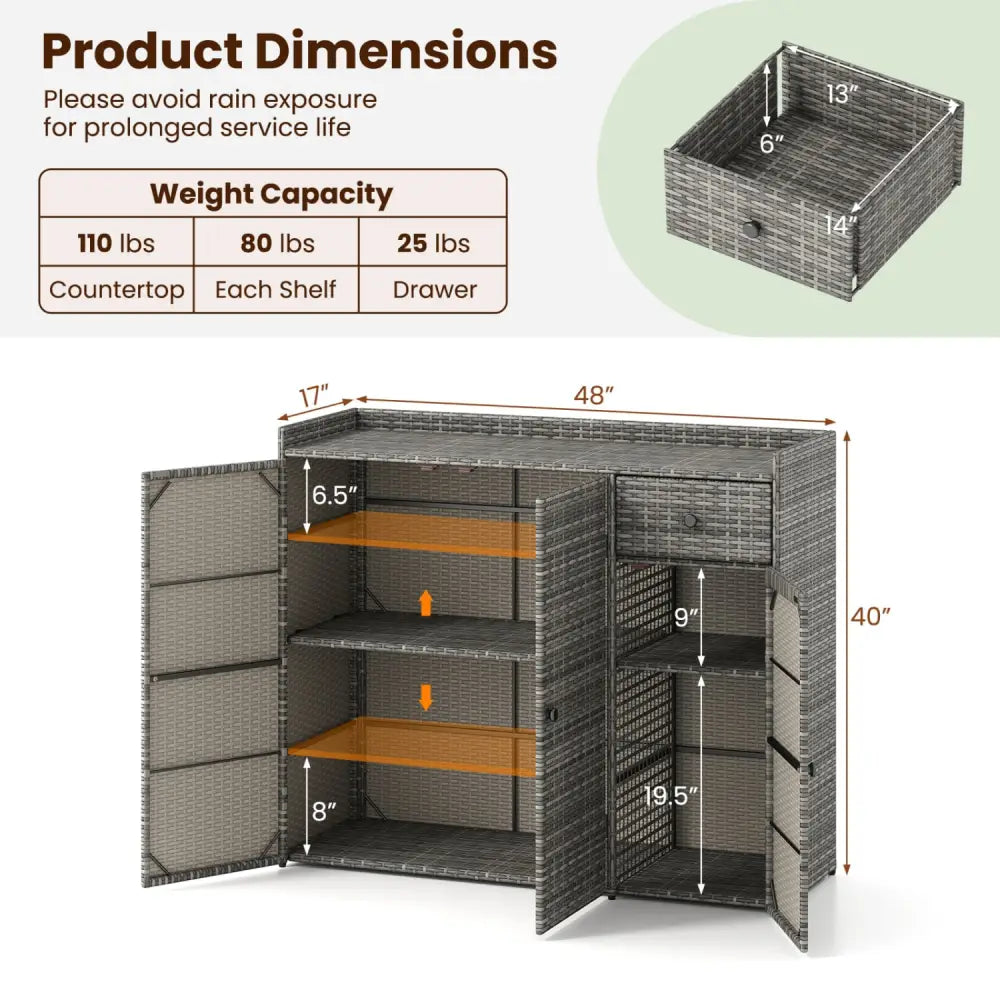 3 Doors Outdoor PE Wicker Storage Cabinet for Deck-Gray - Gray - Garages