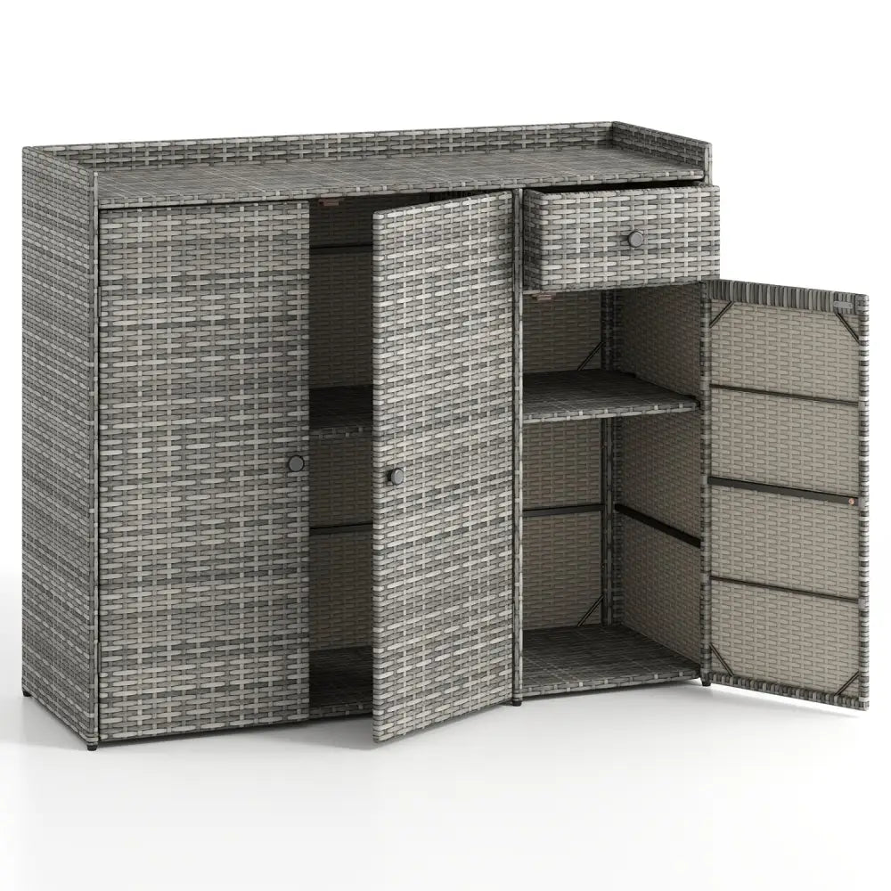 3 Doors Outdoor PE Wicker Storage Cabinet for Deck-Gray - Gray - Garages