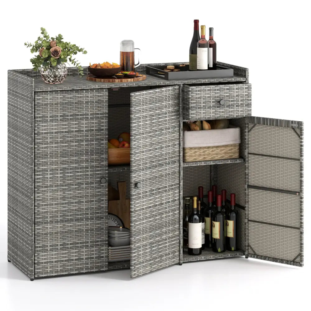 3 Doors Outdoor PE Wicker Storage Cabinet for Deck-Gray - Gray - Garages