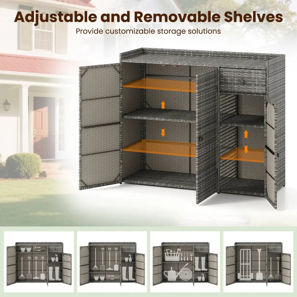 3 Doors Outdoor PE Wicker Storage Cabinet for Deck-Gray - Gray - Garages