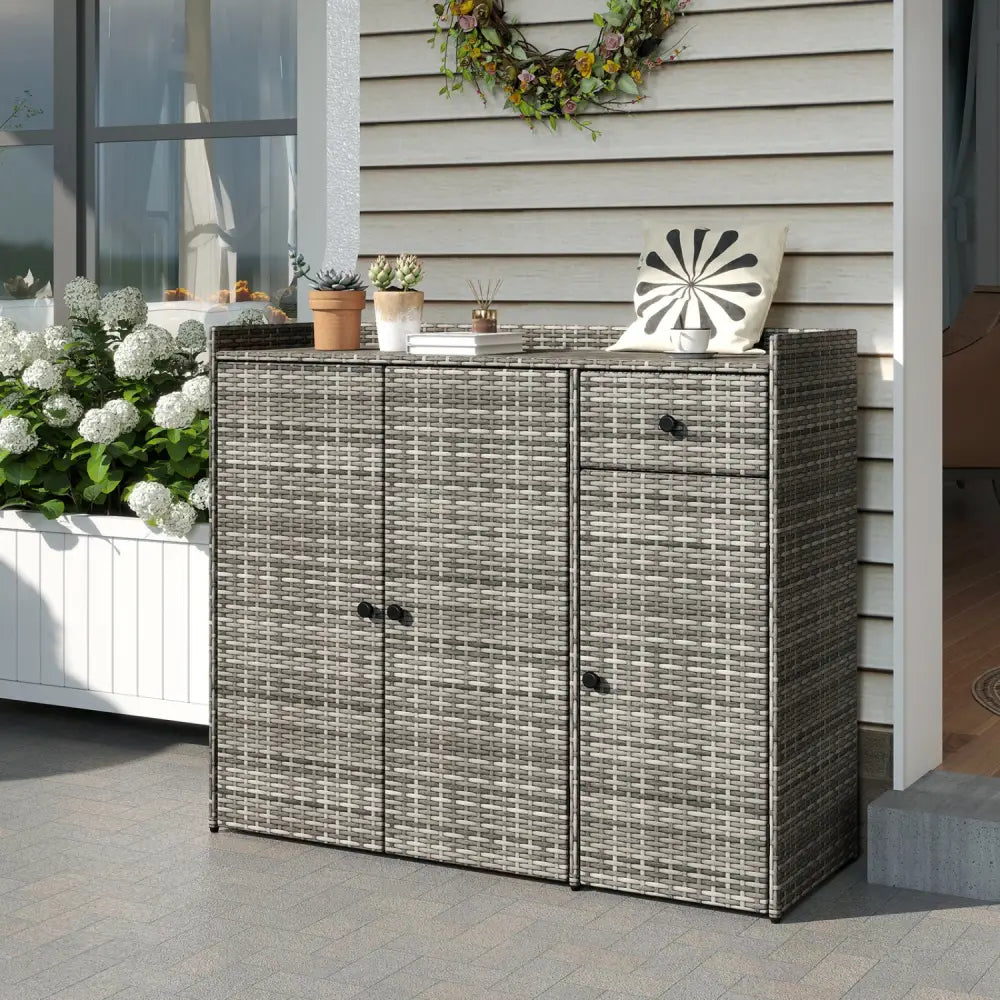 3 Doors Outdoor PE Wicker Storage Cabinet for Deck-Gray - Gray - Garages