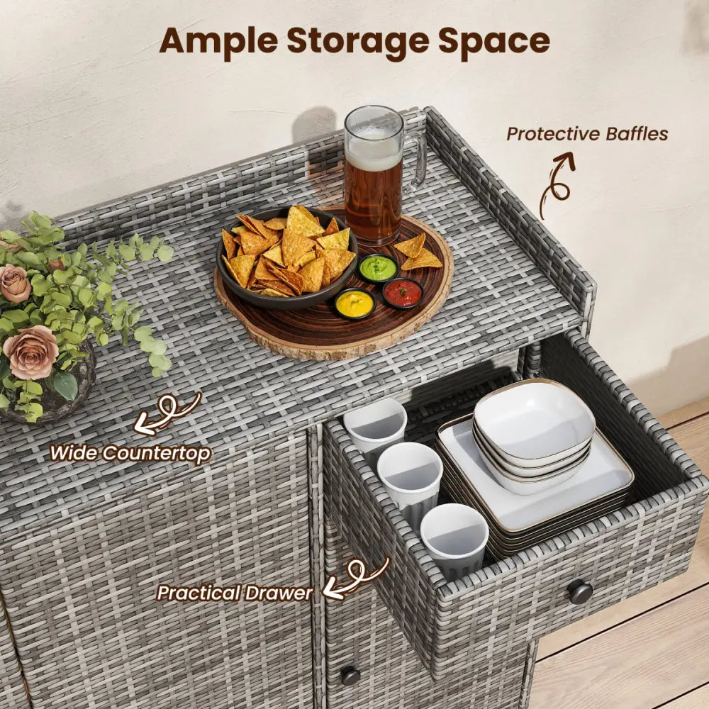 3 Doors Outdoor PE Wicker Storage Cabinet for Deck-Gray - Gray - Garages