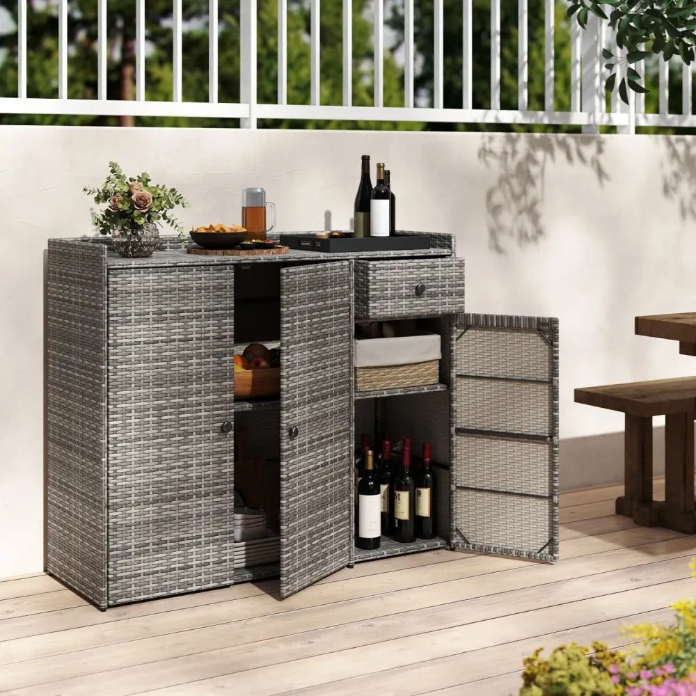 3 Doors Outdoor PE Wicker Storage Cabinet for Deck-Gray - Gray - Garages