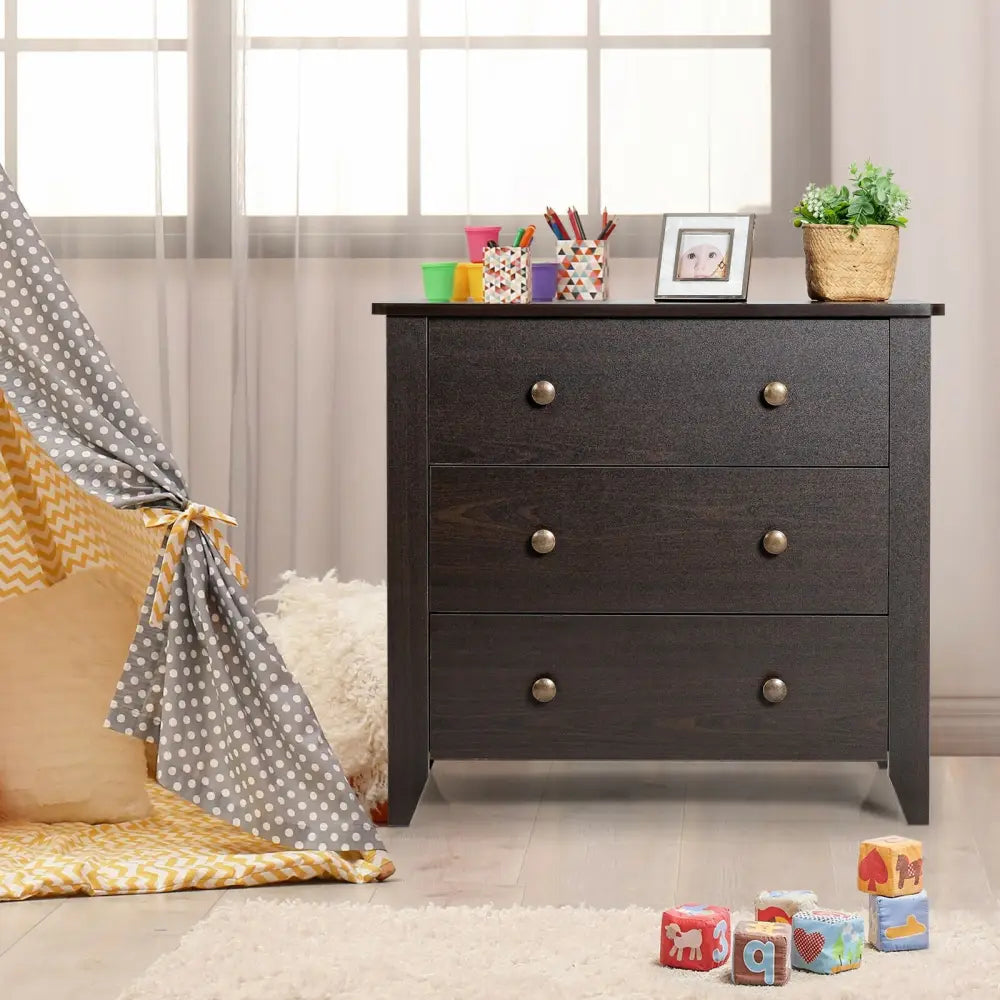 3 Drawer Dresser Chest of Drawers Bedside Table-Black - Black - Dressers & Chests