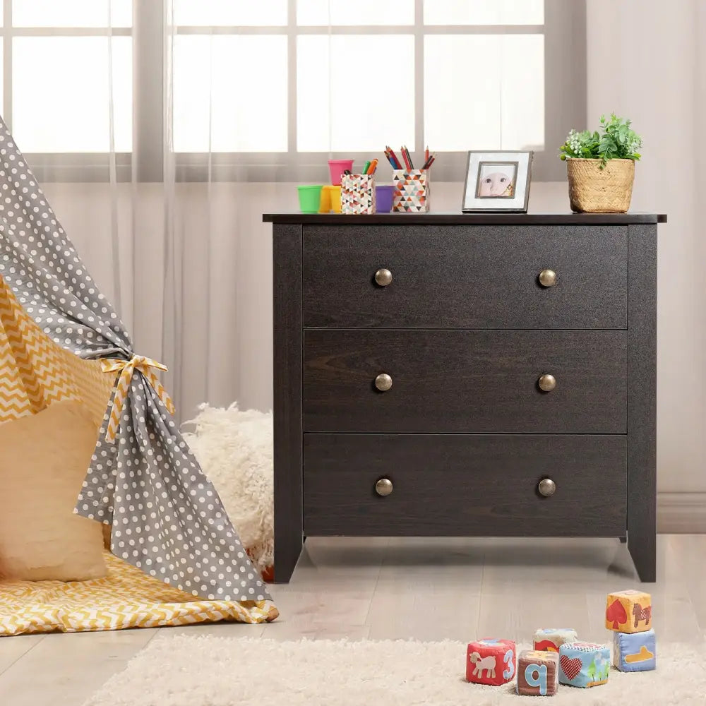 3 Drawer Dresser Chest of Drawers Bedside Table-Black - Black - Dressers & Chests