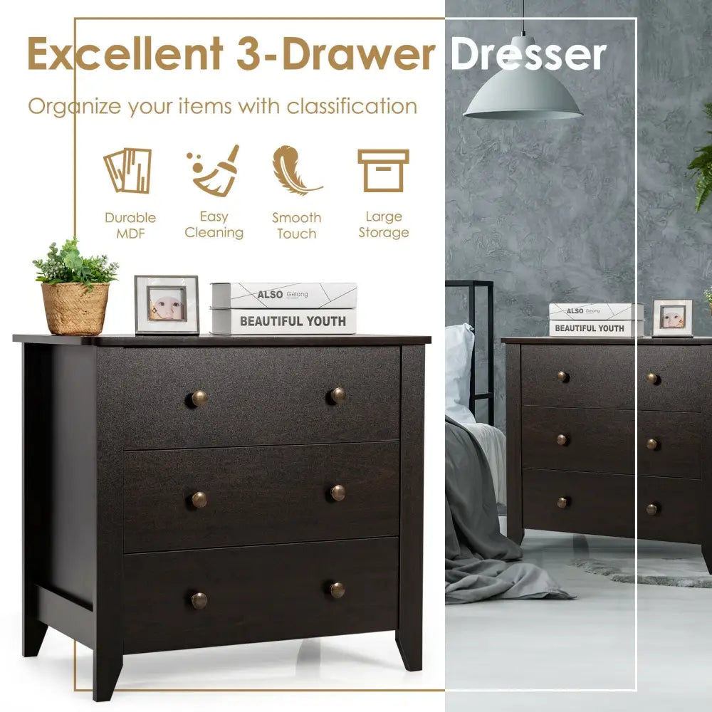 3 Drawer Dresser Chest of Drawers Bedside Table-Black - Black - Dressers & Chests