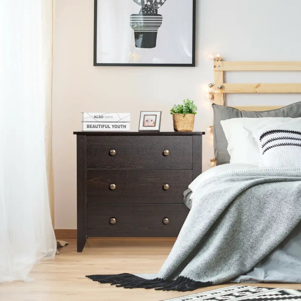 3 Drawer Dresser Chest of Drawers Bedside Table-Black - Black - Dressers & Chests